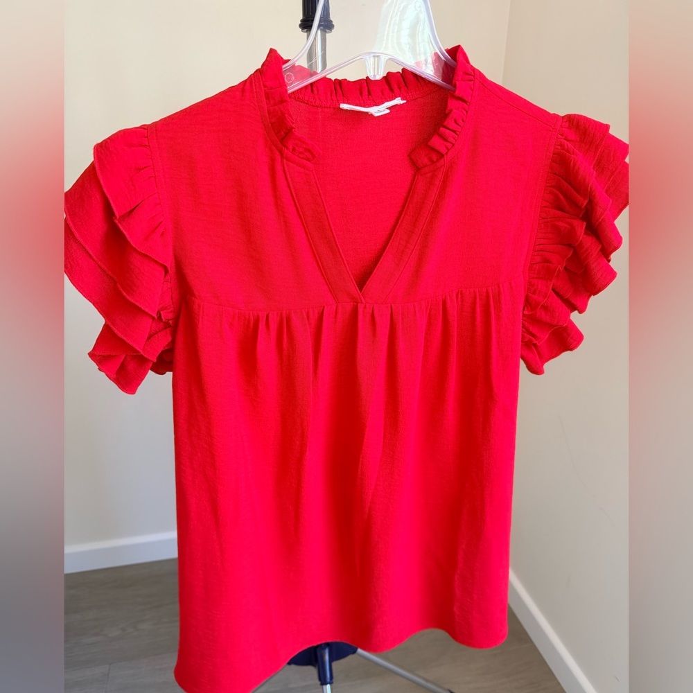 Sewn and Seen Medium V-Neck Ruffle Sleeve Blouse in Red